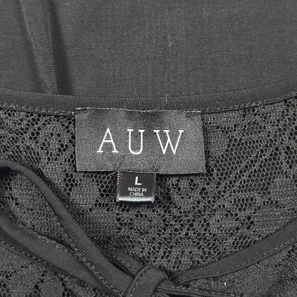 AUW Black Lace Blouse Large Date Night Cocktail Top‎ Flutter Sleeve Chic - Picture 5 of 11